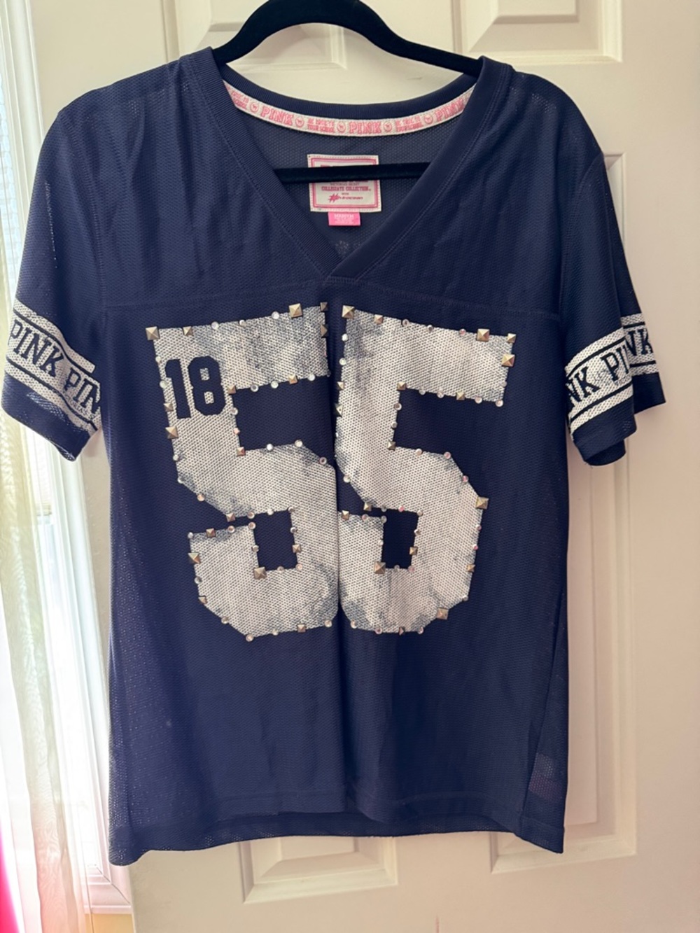 PINK Victoria's Secret Navy Mesh Football Tee with Silver Sequin '55'